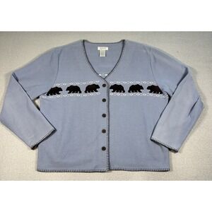 VTG Womens Knit Button Up Cottagecore Granny Bear Cardigan Blue LARGE